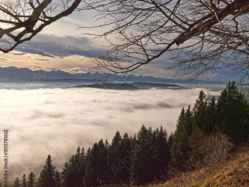 Blick vom Hohenpeissenberg über den Hochnebel in Oberbayern