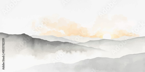 A serene summer landscape view of white clouds in the blue sky over misty mountains creates an abstract heaven of light and air in this nature cloudscape