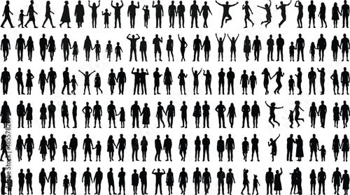 Large collection of diverse human silhouettes including men walking jumping children playing and couples holding hands for creative graphic design projects