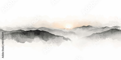 A serene white fog drifts over majestic blue mountain peaks under a bright summer sky where heaven meets nature in a beautiful cloudy landscape view