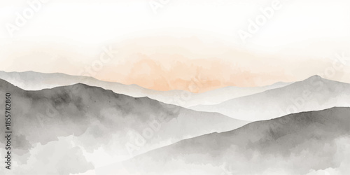 A panoramic mountain landscape emerges through a misty morning fog as the sunrise casts golden light over snow-capped peaks and clouds floating above a serene winter forest valley