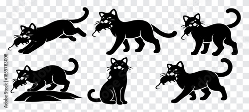 Bold black cat silhouettes showing hunting behavior with captured mouse, featuring walking, jumping, crouching, and sitting poses in clean vector style on transparent background.