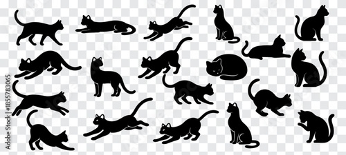 Minimal black cat silhouettes Large set of showing dynamic jumping and running poses, clean vector style perfect for icons, logos, stickers, and motion graphics on transparent background.