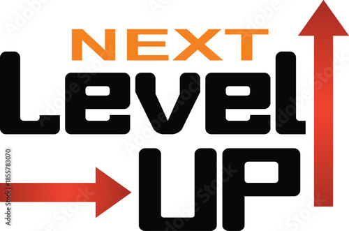 Next level up logo concept vector illustration with orange and black typography and upward pointing arrows