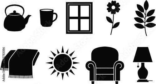 Collection of black and white representing home and nature including teapot mug window