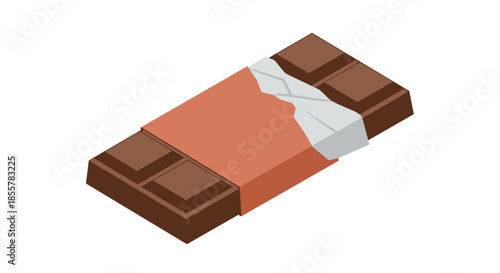 Sealed chocolate bar isolated on white background with partially opened wrapper, showcasing rich brown squares in a minimalist illustration style