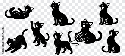Minimal black cat silhouettes Large set of showing dynamic jumping and running poses, clean vector style perfect for icons, logos, stickers, and motion graphics on transparent background.
