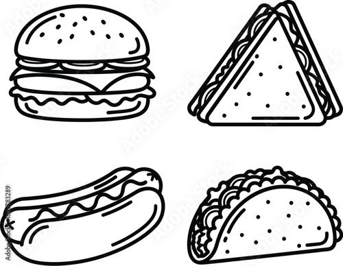 A set of four black and white line showing a hamburger a hot dog a triangle shaped