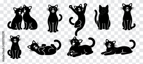 Minimal black cat silhouettes Large set of showing dynamic jumping and running poses, clean vector style perfect for icons, logos, stickers, and motion graphics on transparent background.