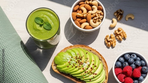 Healthy breakfast spread with avocado toast and smoothie