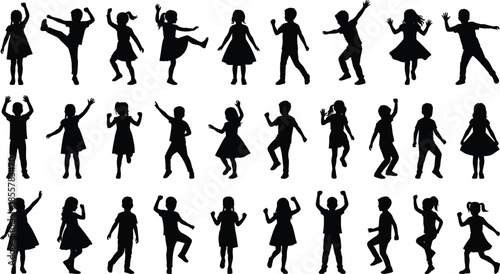 Large Collection of People Silhouettes, Diverse Families with Children, Jumping Men, Running Kids, Wheelchair User, and Parents with Stroller, Vector Set