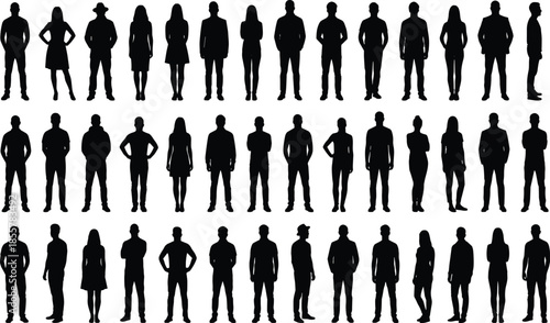 Large Collection of People Silhouettes, Diverse Families with Children, Jumping Men, Running Kids, Wheelchair User, and Parents with Stroller, Vector Set