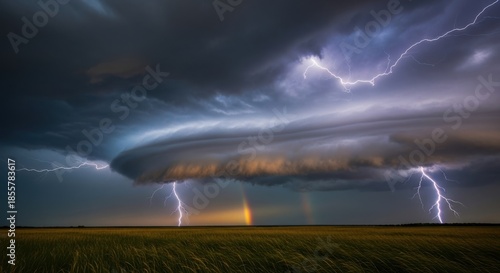 Dramatic lightning strikes illuminate a supercell thunderstorm over a field