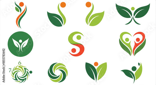 Green Organic Health Wellness Logo Designs People and Leaf Symbols for Nature Community Branding and Growth