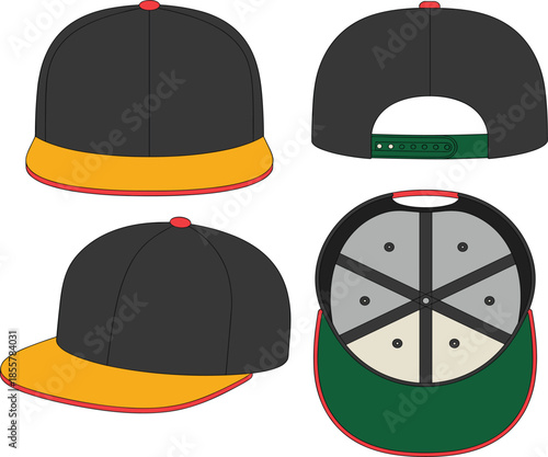 Professional Black and Yellow Snapback, Baseball Cap Vector Mockup Set With Front Side and Back Views