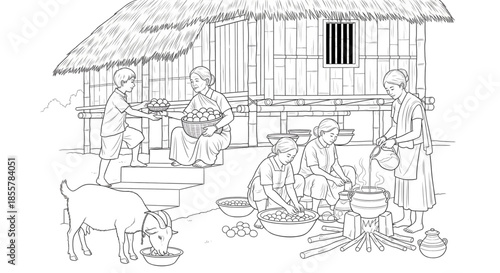 Traditional Communal Cooking Scene Rural Village Women Preparing Ingredients Outdoors Line Art