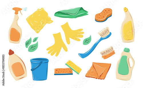 Set of cleaning supplies and tools. Hand drawn vector illustration isolated on white, ideal for cleaning services, housekeeping concepts, home care ads and hygiene themed designs.
