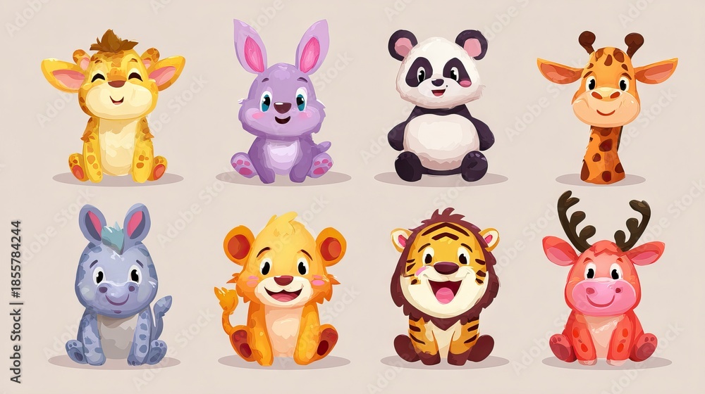 Naklejka premium Cute cartoon baby animals sitting, including a giraffe, bunny, panda, lion, tiger, and deer, on a light background.