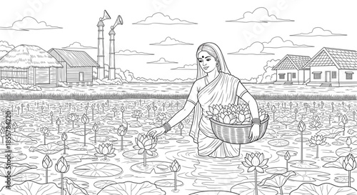 Indian Woman Harvesting Lotus Flowers in Rural Pond Near Factory Chimneys Development Contrast Line Art Illustration
