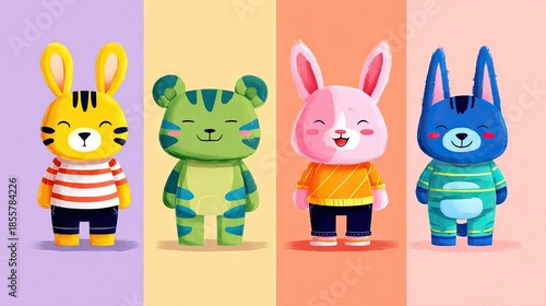 Cute cartoon animal characters, including rabbits and a bear, with tiger stripes and colorful outfits.