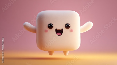 A happy marshmallow character with a smiling face and outstretched arms.