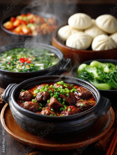 Delicious Meat and Vegetable Stew in Colorful Cookware and Tableware