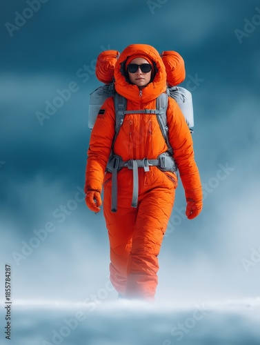 Adventurous Mountaineer in Winter Puffer Hood Amidst Arctic Ice Caps