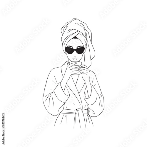 Continuous line drawing of a stylish woman in a bathrobe and towel turban wearing sunglasses and drinking coffee. Minimalist vector illustration for spa, self-care, and morning routine concepts.
