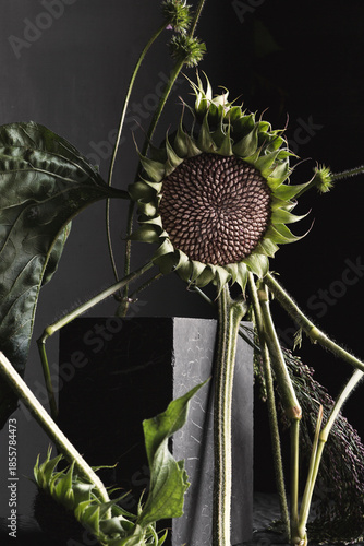 Still life with green sunflowers on black background.