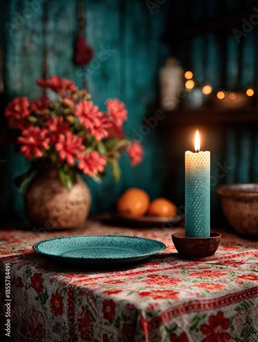 Elegant Tableware with Candles, Fruits, and Floral Centerpiece