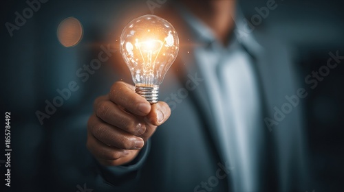 A person in a business suit holding a brightly glowing light bulb, symbolizing a new idea or innovation.