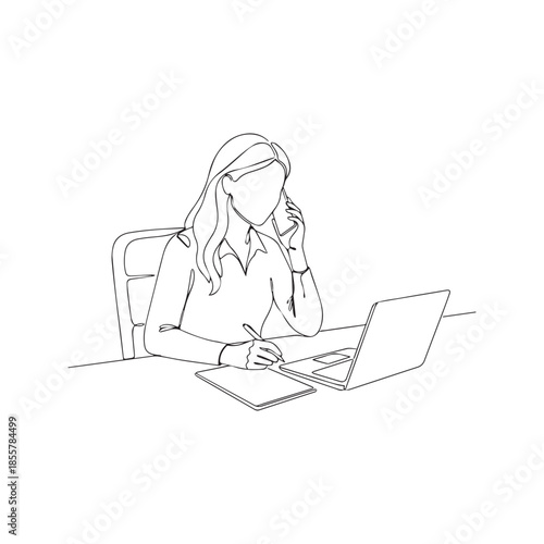 One continuous line drawing of a business woman multitasking at a desk. Female employee talking on a mobile phone and writing notes while working on a laptop computer. Minimalist vector illustration.
