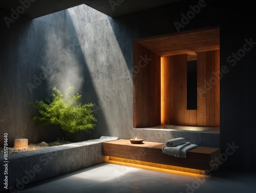 Stunning Still Life of Wood Flooring with Bathtub and Houseplant