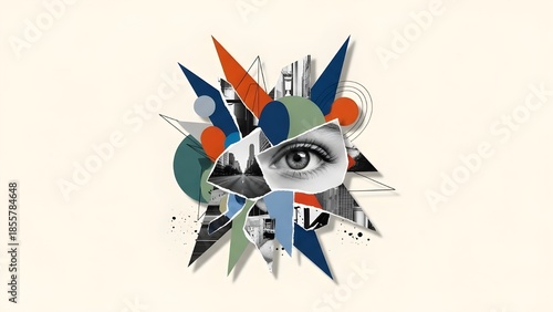 Modern abstract collage composition featuring geometric shapes, urban textures, and a human eye symbolizing perception, creativity, and contemporary design