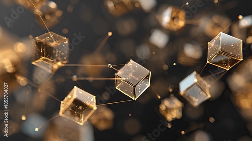 Abstract representation of interconnected golden glowing cubes forming a digital network or blockchain concept.