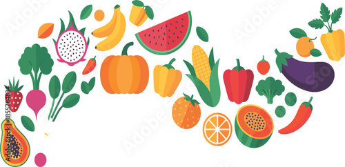 Colorful Organic Vegetable and Fruit Vector Wave Illustration for Healthy Grocery Branding and Nutrition Designs