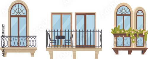 Classic European Balcony Vector Illustration Set Featuring Wrought Iron Railings French Windows and Floral Decor