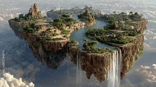 A breathtaking view of multiple lush floating islands with rivers and waterfalls, suspended in a serene sky above clouds.