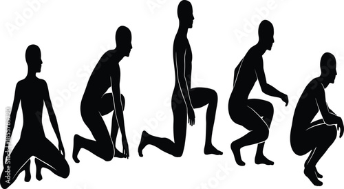 Large set of black silhouettes featuring a man performing various stretching exercises, warm up routines, and fitness poses on white.