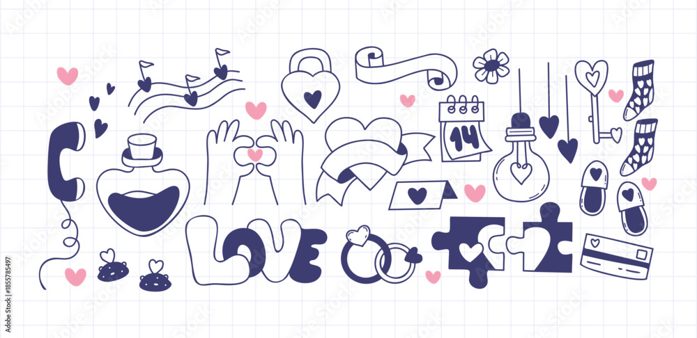 Obraz premium Valentine Love Doodle Set with Hearts, Gifts, Rings and Romantic Symbols. Isolated Hand Drawn Elements on a Checkered Background. Vector Illustration. Not AI