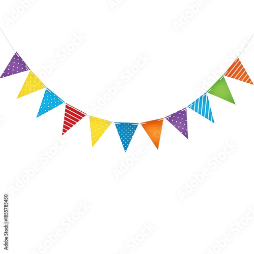 Colorful triangular party bunting flags with patterns on black background banner triangle