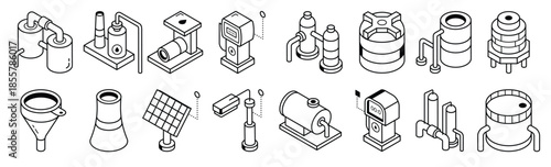 set of gas factory isometric line icons