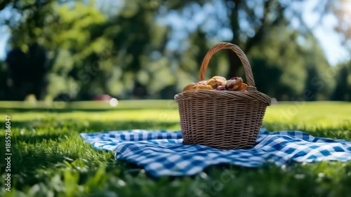 Wicker picnic basket filled with treats on a blue plaid blanket in lush green grass, sunny park
