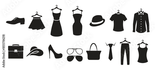 set of isolated black icons on a theme clothing store