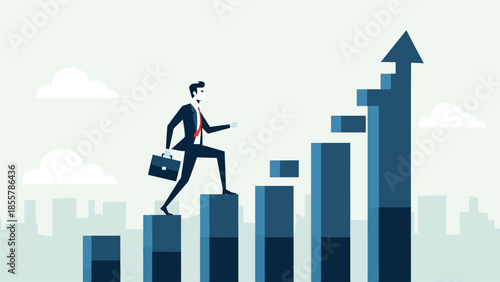 Businessman Climbing Bar Chart Representing Career Growth and Upward Financial Trajectory business success