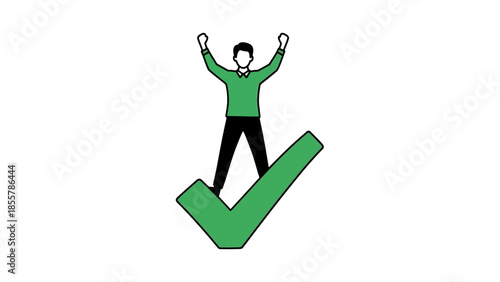 Figure Standing on Large Green Checkmark Symbol with Raised Arms for Success Concept business success