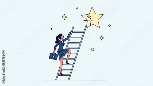 Businesswoman Climbing Ladder Towards Shining Achievement Star for Career Success Concept business success