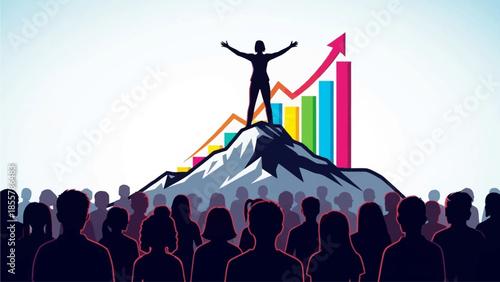 Silhouette of Leader on Mountain Peak with Growing Bar Chart Signifying Success and Achievement business success