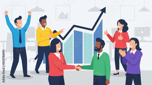 Business Team Celebrating Growth and Successful Partnership Handshake with Upward Trending Chart business success