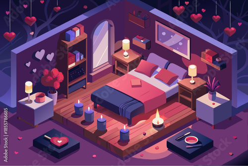 Romantic bedroom interior with candles, heart decorations, cozy bed, and soft lighting creating a warm and intimate atmosphere